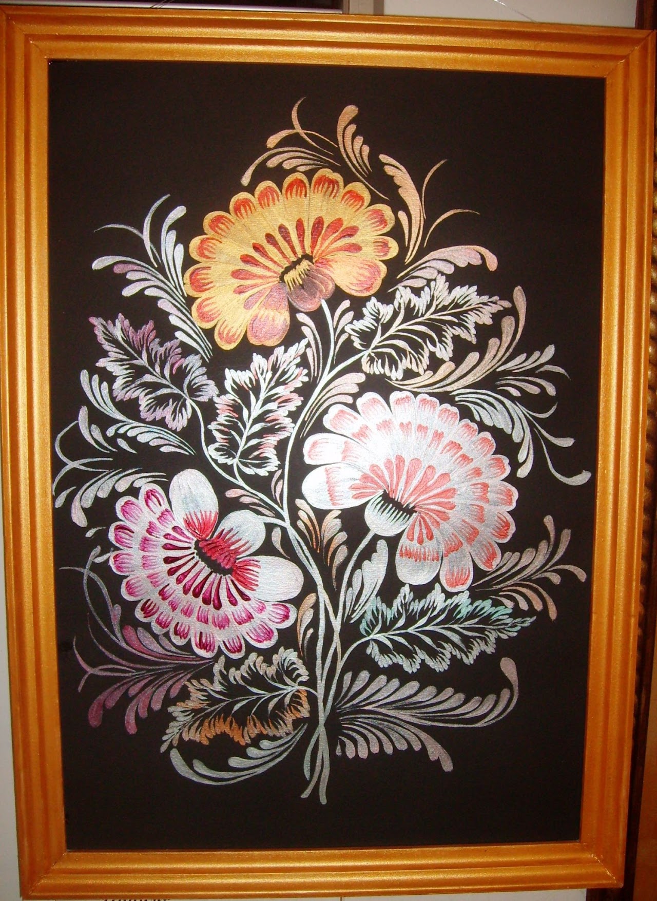 Flowers, Petrikov painting, black cardboard, acrylic